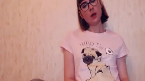 fine Russian lady-man In Glasses Strokes Her petite penis