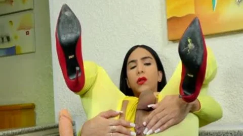 TS Yasmin Dornelles Milks each Drop Out Of Her monstrous Shaft whilst Riding dildo