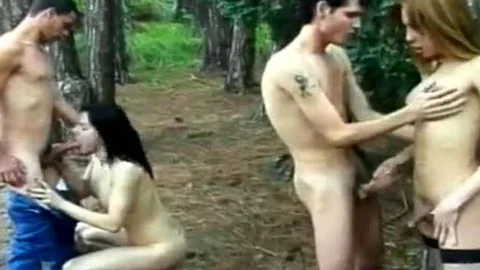 Two slender sheladys Make A fellatio And take up with the tongue buttholes For Two twinks In The Forest
