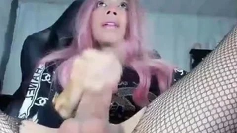 Pink Haired Trans playgirl In pantyhose Jerks Off Her gigantic knob On cam